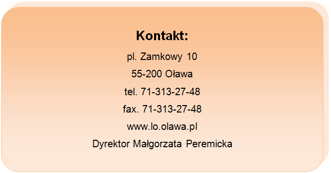 Kontakt: pl. Zamkowy 10, 55-200 Oława, tel., 71-313-27-48, fax 71-313-27-48, www.lo.olawa.pl, Dyrektor Małgorzata Peremicka.